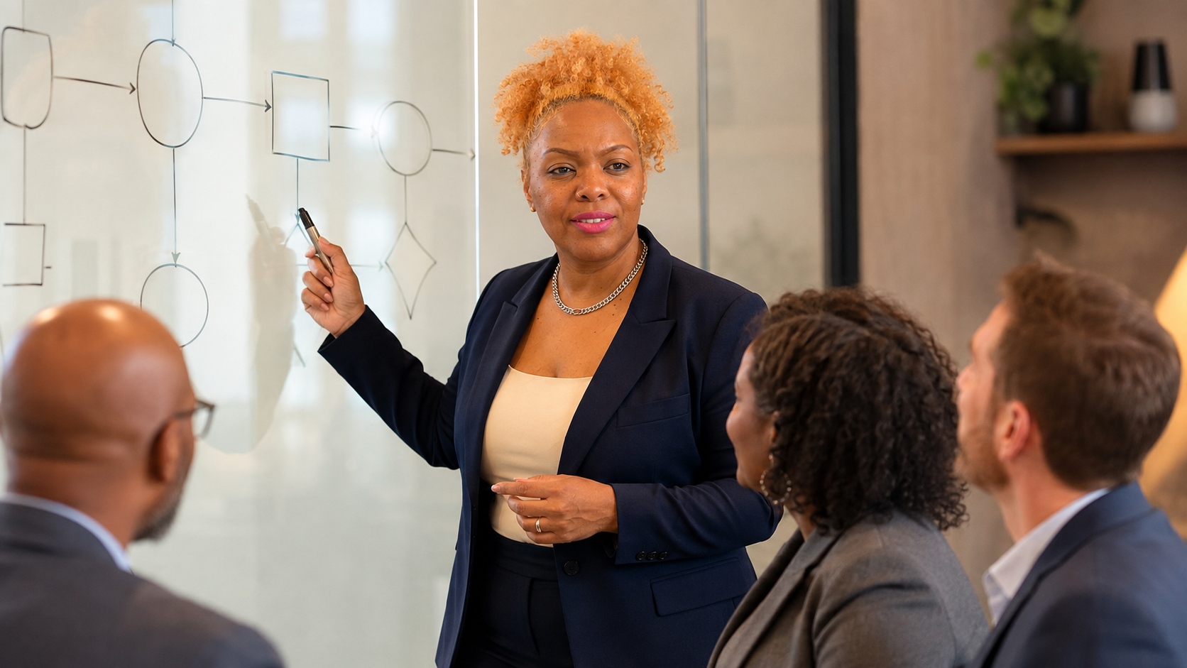 Alicia Broadway leading a working session with a leadership team at a whiteboard